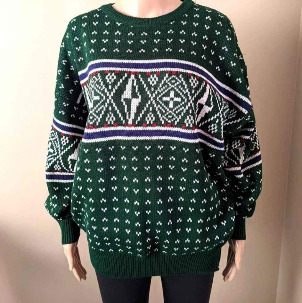 Brozini fair isle green crewneck sweater, size XL